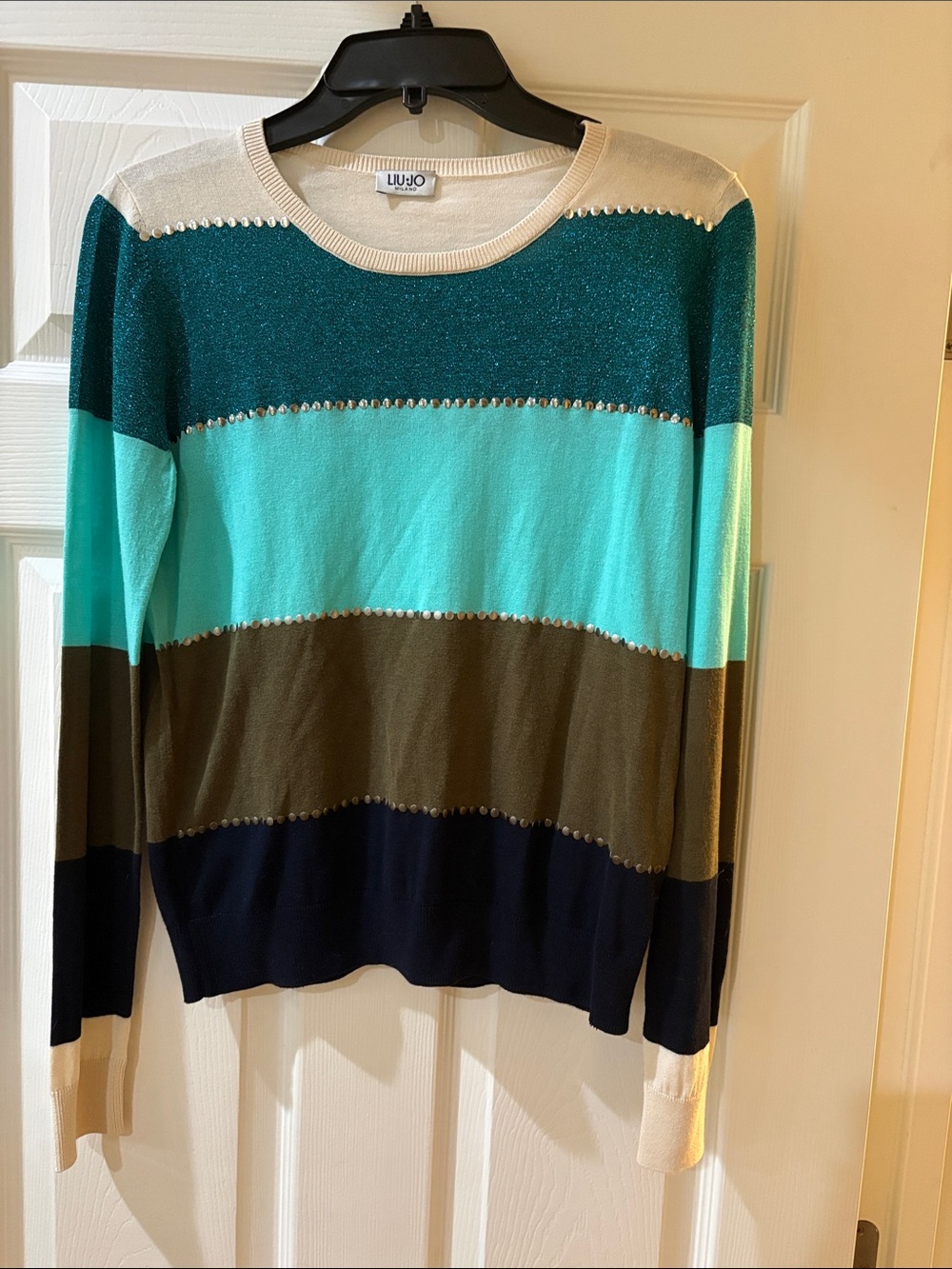 Liu Jo Striped Crewneck Sweater in Teal, Aqua, Olive, Navy & Cream